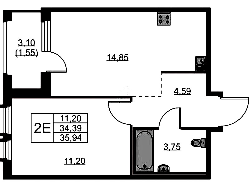 1-комнатная квартира 35.94 м², 9/15 эт., ЖК «GloraX Парголово»